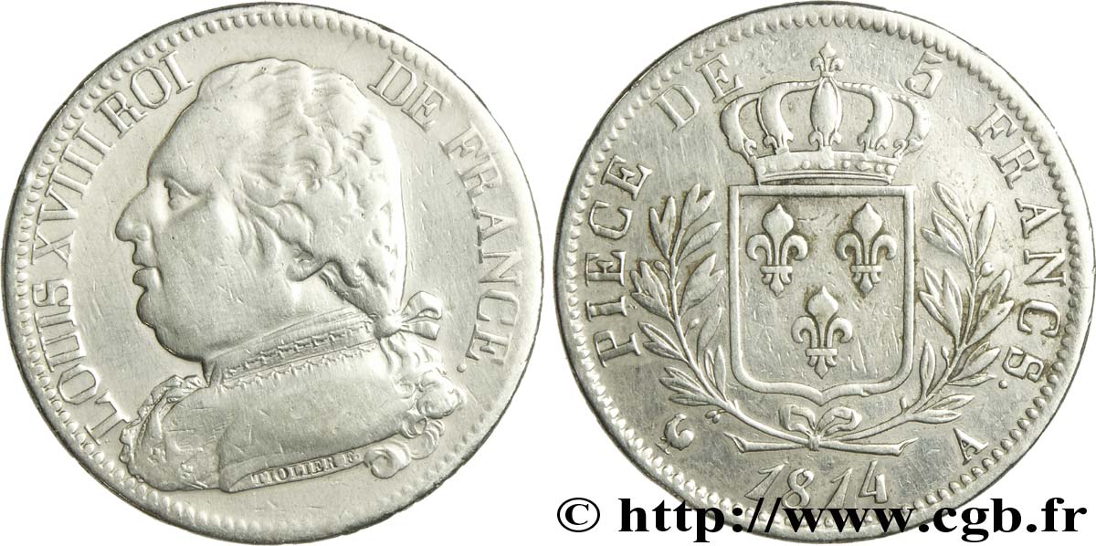 5 francs Louis XVIII, buste habillé 1814 Paris F.308/1 TTB42 