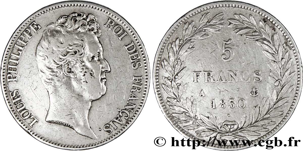 5 francs type Tiolier sans le I, tranche en creux 1830 Paris F.313/1 VF38 