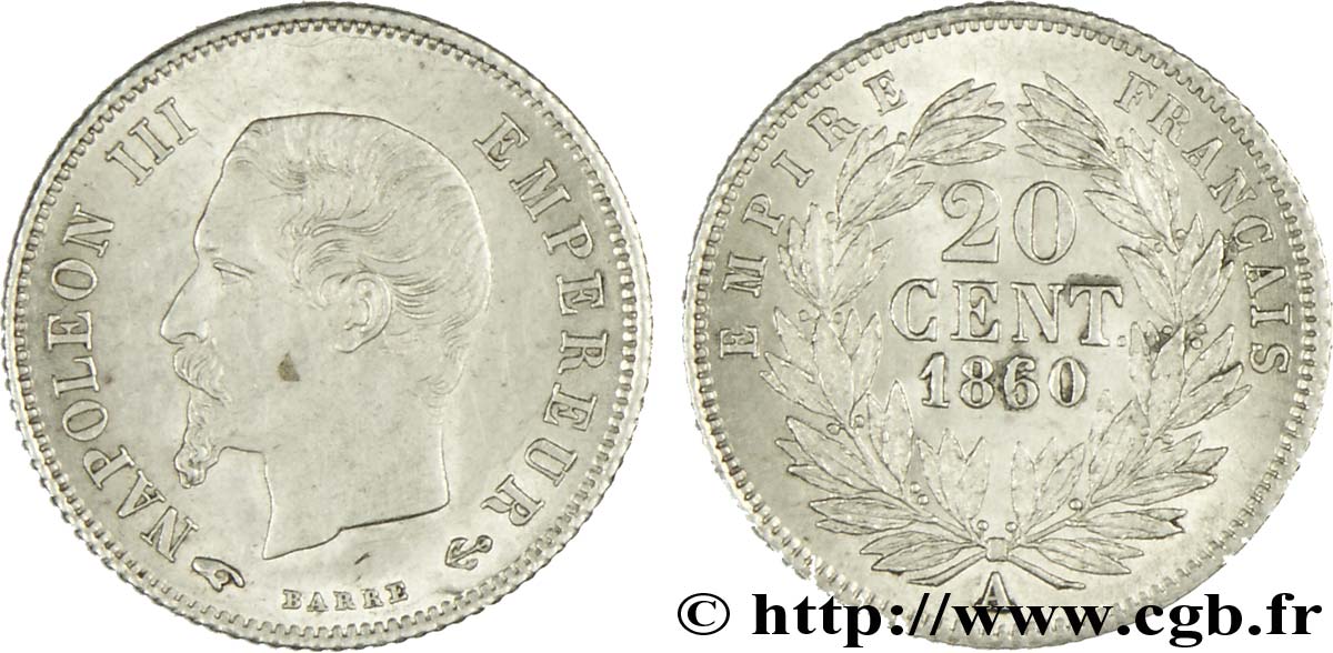 20 centimes Napoléon III, tête nue 1860 Paris F.148/14 AU52 