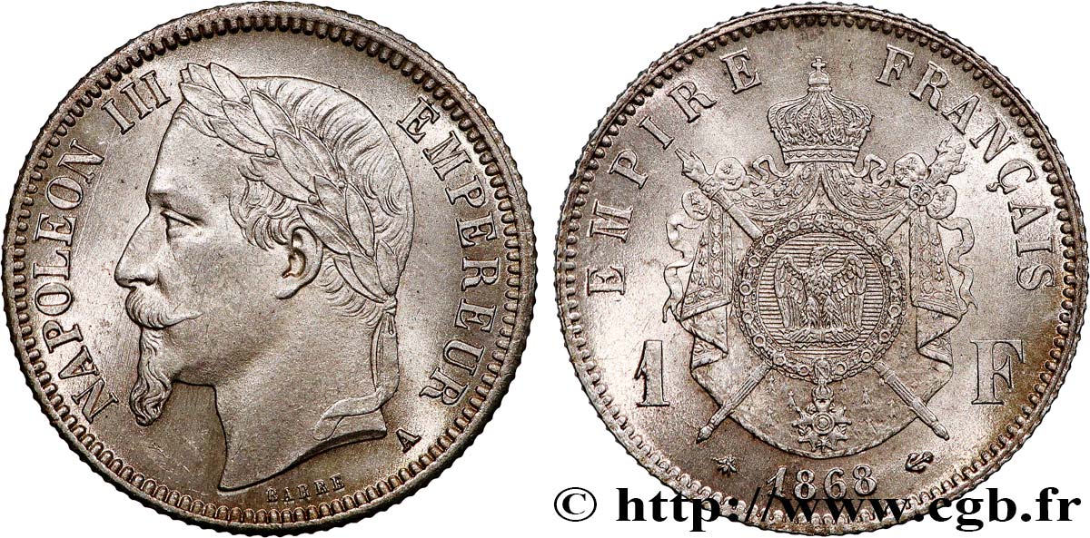 1 franc Napoléon III, tête laurée 1868 Paris F.215/10 VZ62 