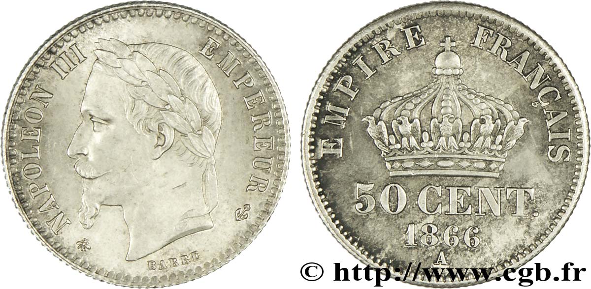 50 centimes Napoléon III, tête laurée 1866 Paris F.188/9 SUP55 