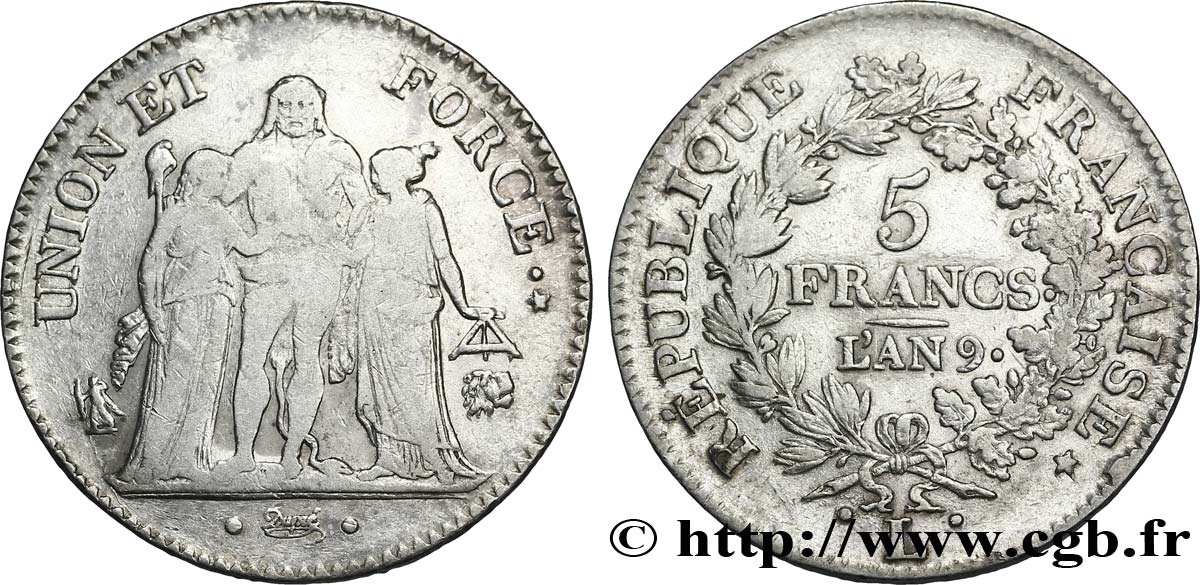 5 francs Union et Force, Union serré, avec glands intérieurs et gland extérieur 1801 Bayonne F.288/161 TB28 
