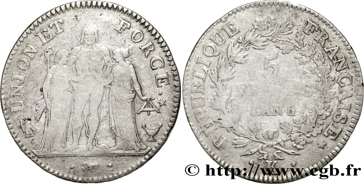 5 francs Union et Force, Union desserré, avec glands intérieurs et gland extérieur 1797 Bordeaux F.291/15 S28 