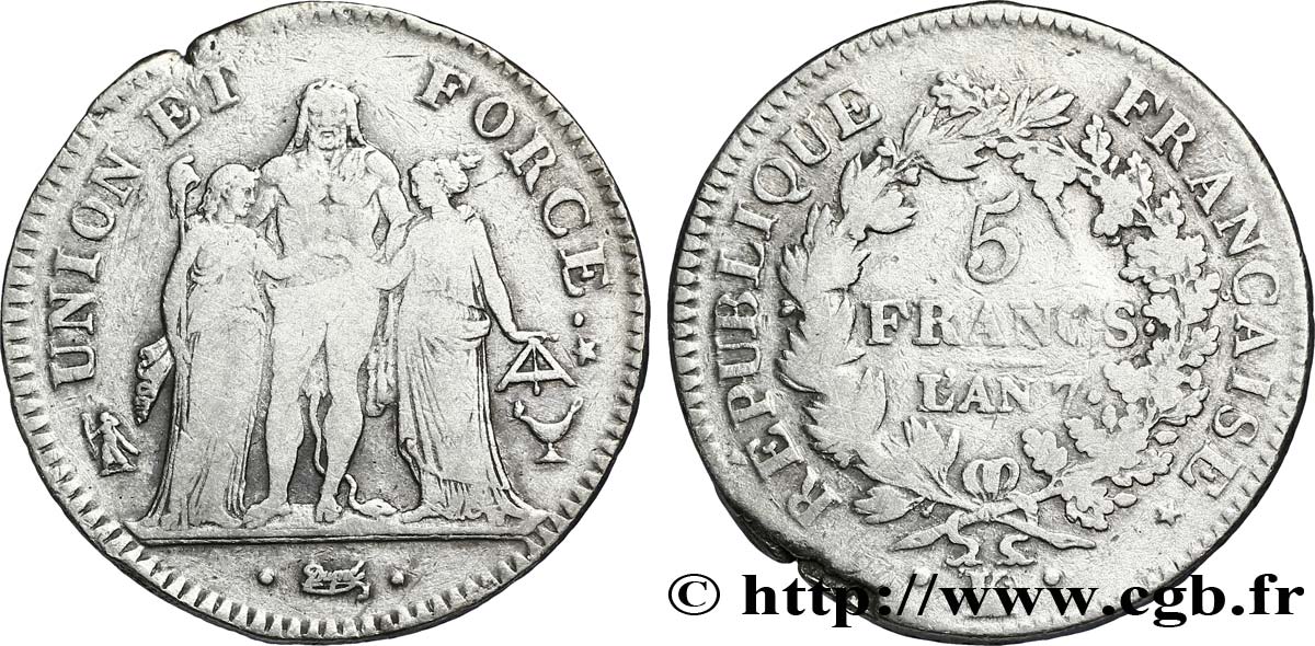 5 francs Union et Force, Union desserré, seulement gland extérieur, petite feuille 1799 Bordeaux F.291/25 SS40 