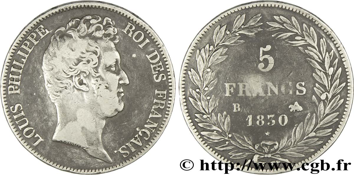 5 francs type Tiolier sans le I, tranche en creux 1830  Rouen F.313/2 TB30 