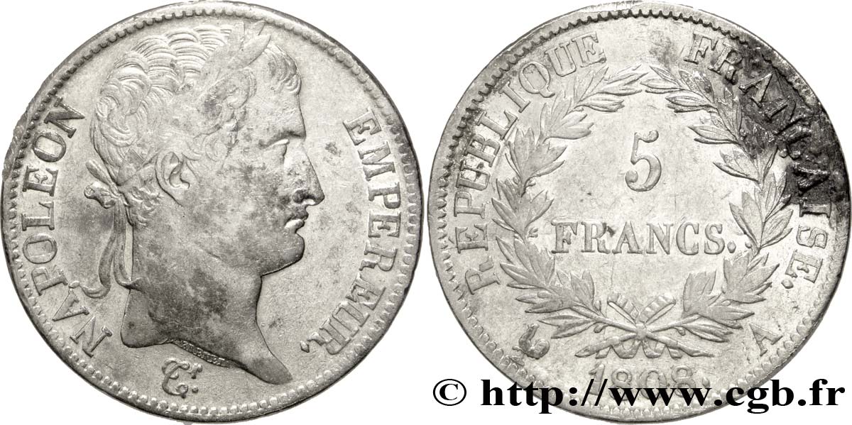 5 francs Napoléon Empereur, République française 1808 Paris F.306/2 TTB45 