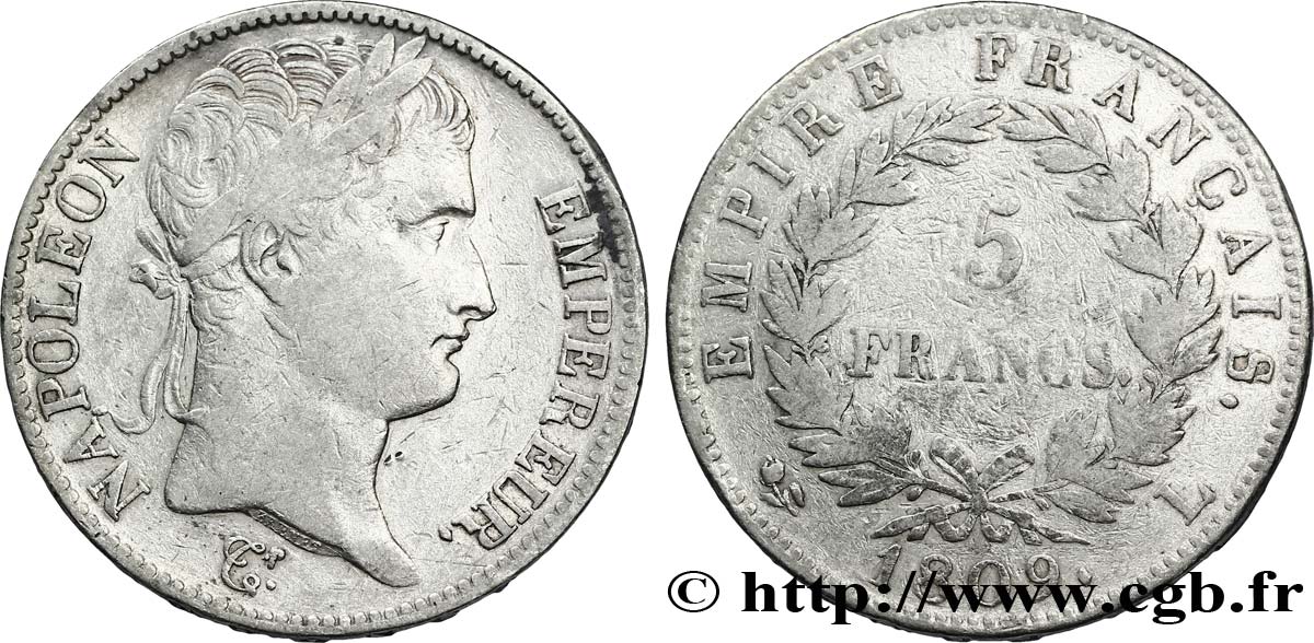 5 francs Napoléon Empereur, Empire français 1809 Bayonne F.307/8 TB38 