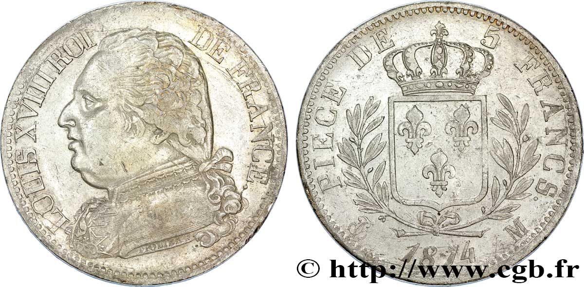 5 francs Louis XVIII, buste habillé 1814 Toulouse F.308/9 XF48 