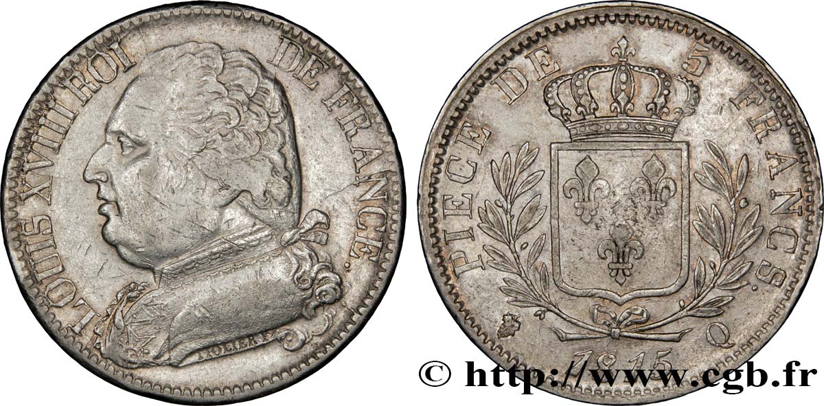 5 francs Louis XVIII, buste habillé 1815 Perpignan F.308/28 TTB48 