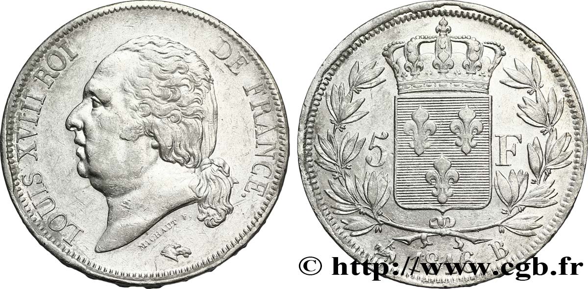 5 francs Louis XVIII, tête nue 1816 Rouen F.309/2 AU50 