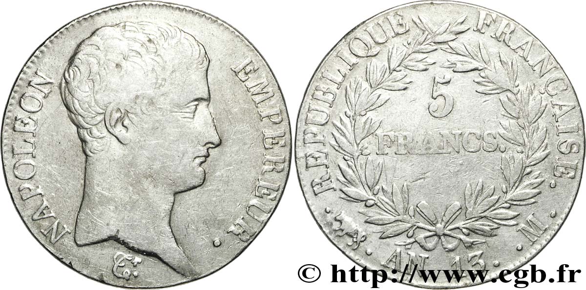 5 francs Napoléon Empereur, Calendrier révolutionnaire 1805 Toulouse F.303/13 XF40 