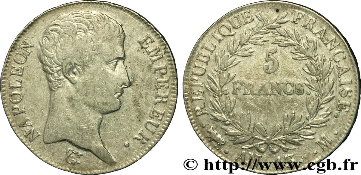 5 francs Napoléon Empereur, Calendrier révolutionnaire 1805 Toulouse F.303/13 TB35 