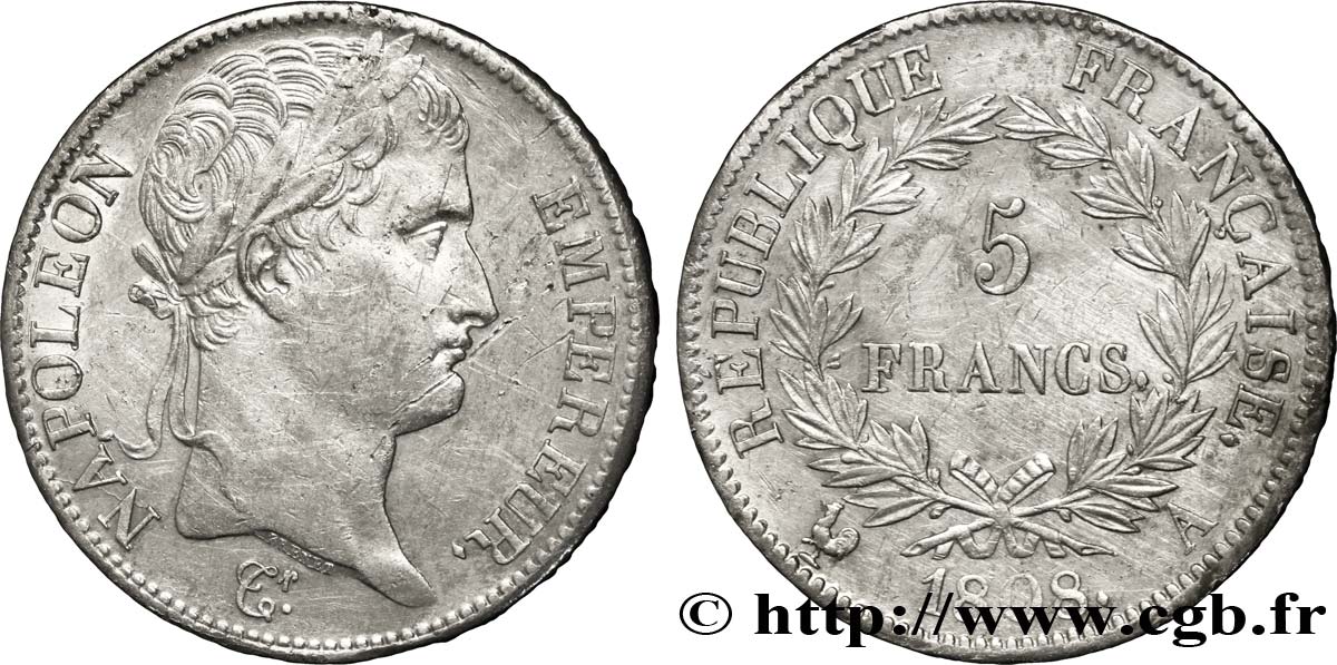 5 francs Napoléon Empereur, République française 1808 Paris F.306/2 AU50 