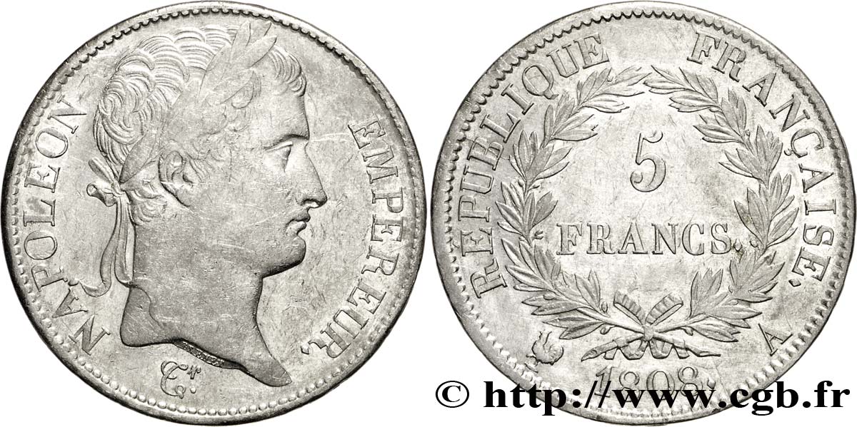 5 francs Napoléon Empereur, République française 1808 Paris F.306/2 AU52 