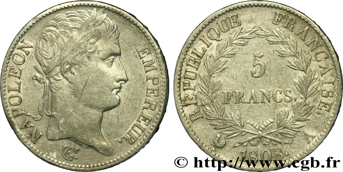 5 francs Napoléon Empereur, République française 1808 Paris F.306/2 VF35 