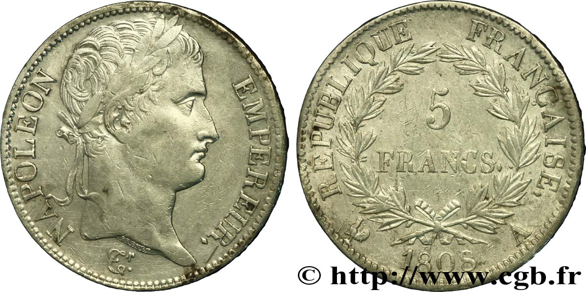 5 francs Napoléon Empereur, République française 1808 Paris F.306/2 MBC45 