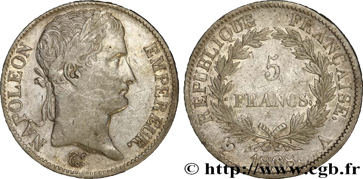 5 francs Napoléon Empereur, République française 1808 Paris F.306/2 S35 
