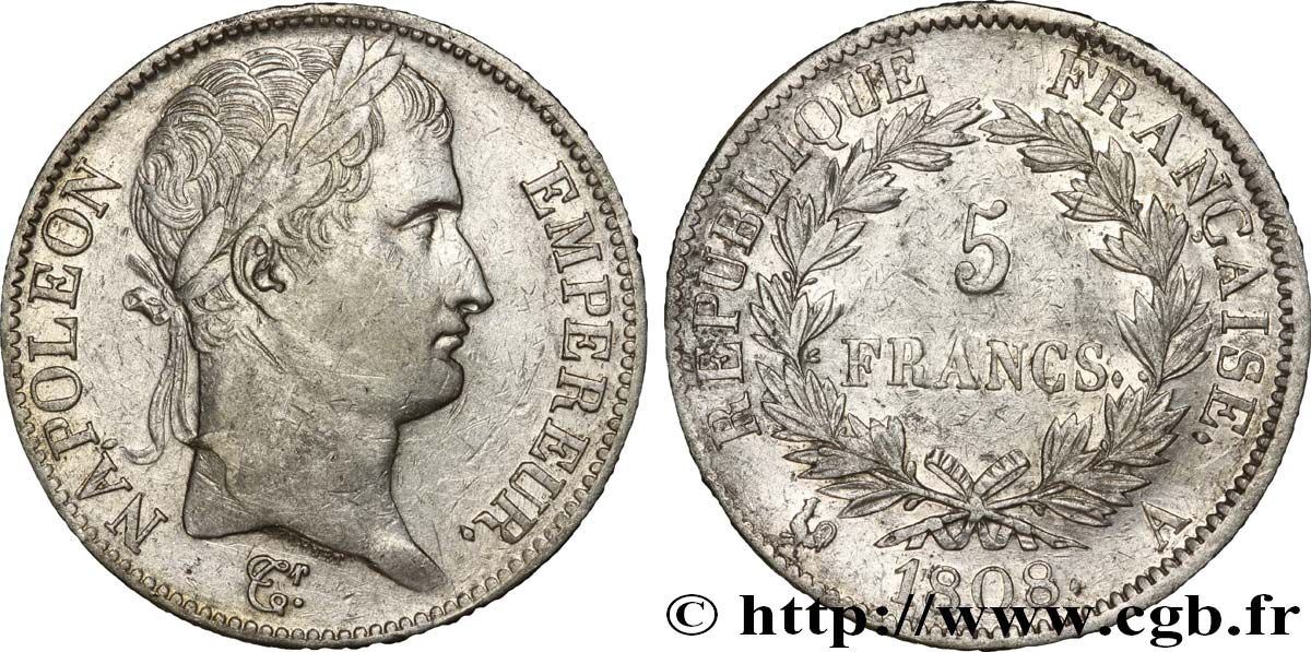 5 francs Napoléon Empereur, République française 1808 Paris F.306/2 TTB40 