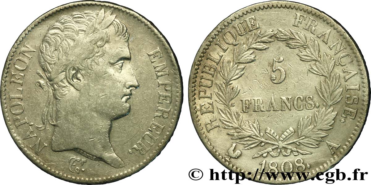 5 francs Napoléon Empereur, République française 1808 Paris F.306/2 TB30 