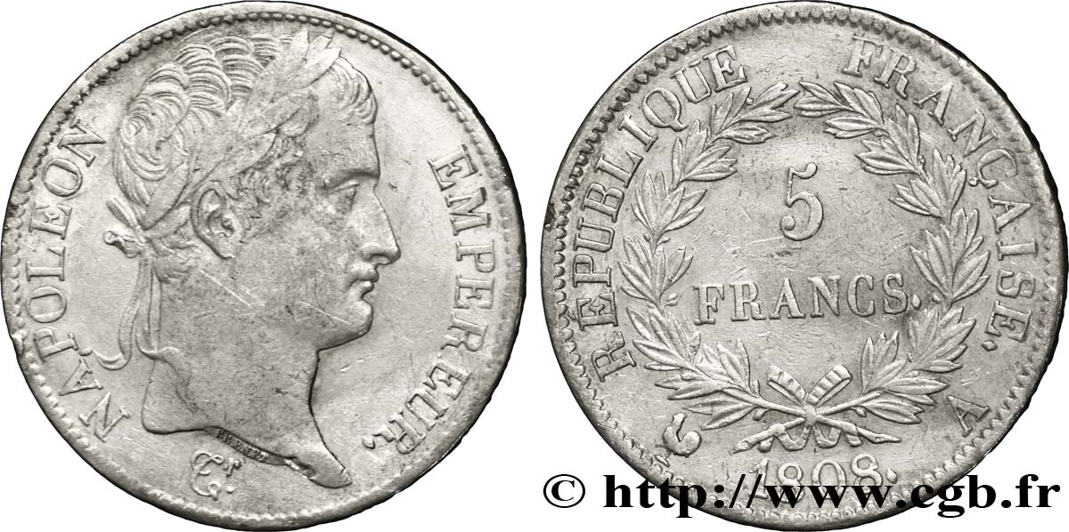 5 francs Napoléon Empereur, République française 1808 Paris F.306/2 AU50 