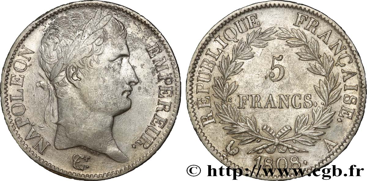 5 francs Napoléon Empereur, République française 1808 Paris F.306/2 BB45 