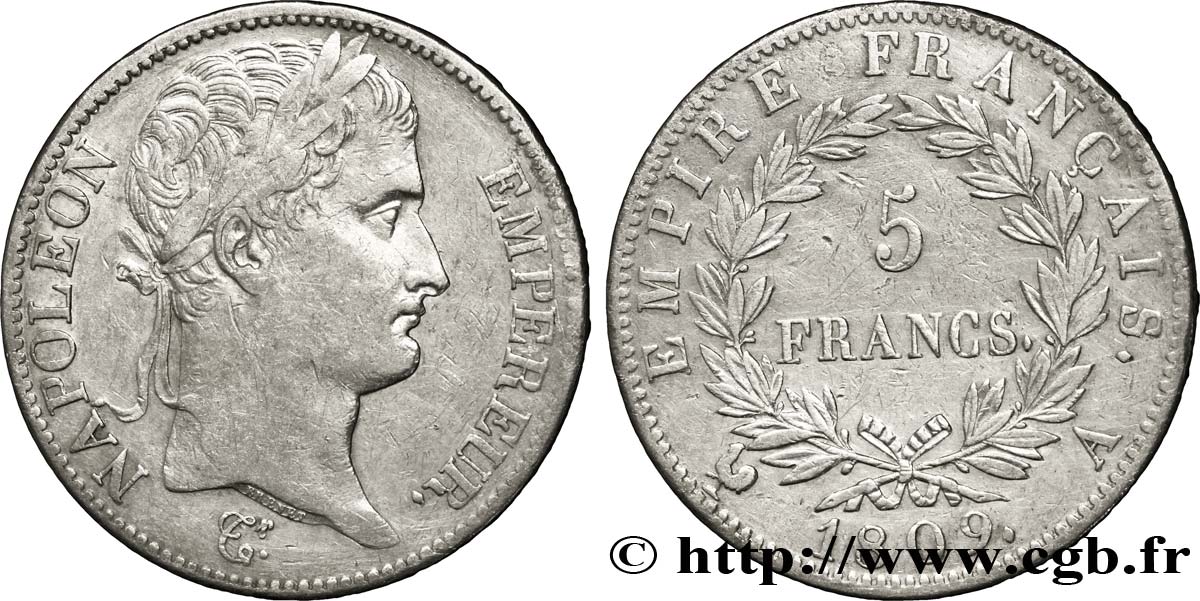5 francs Napoléon Empereur, Empire français 1809 Paris F.307/1 XF40 