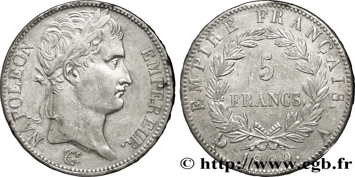 5 francs Napoléon Empereur, Empire français 1809 Paris F.307/1 TTB45 