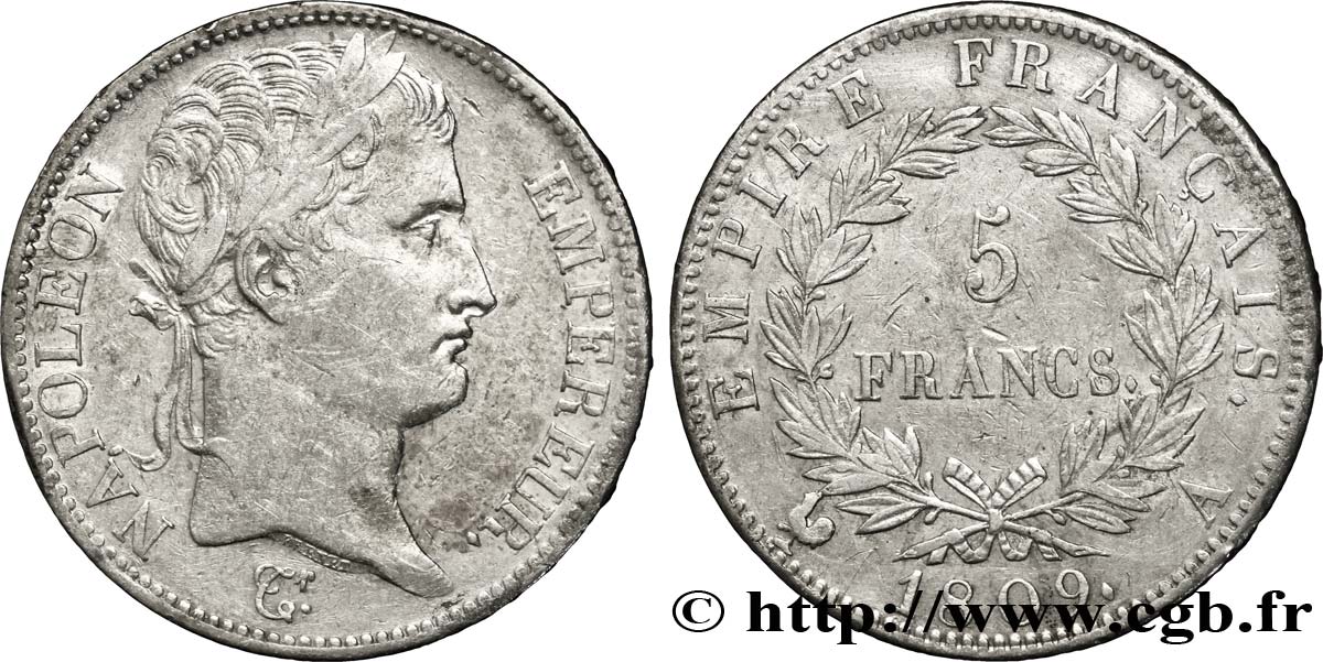 5 francs Napoléon Empereur, Empire français 1809 Paris F.307/1 TTB42 