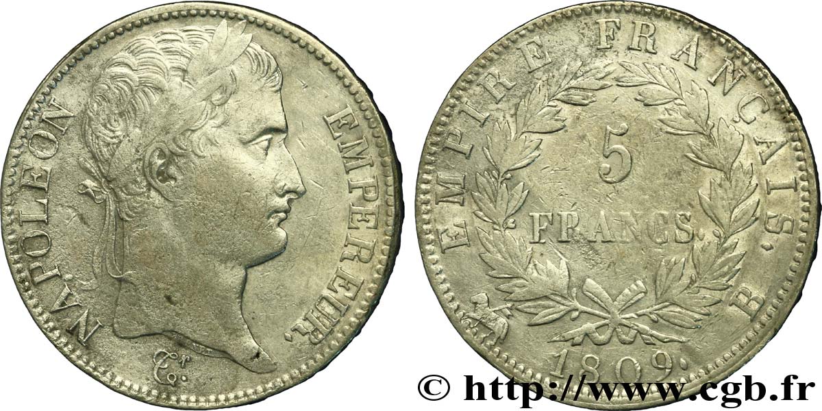 5 francs Napoléon Empereur, Empire français 1809 Rouen F.307/2 TTB45 