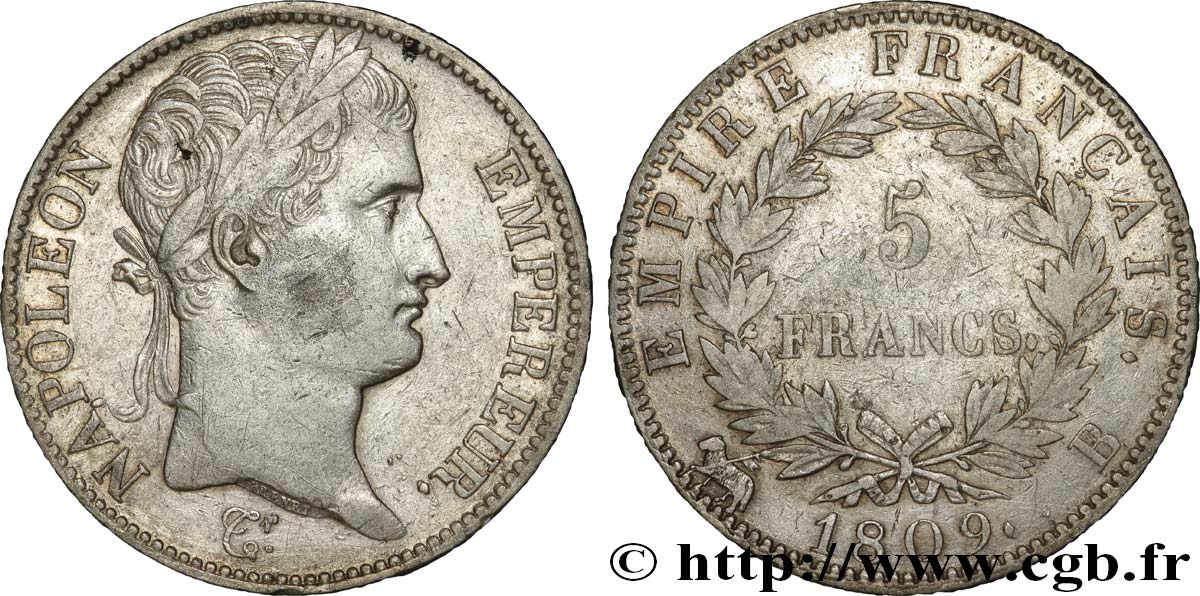 5 francs Napoléon Empereur, Empire français 1809 Rouen F.307/2 TB20 