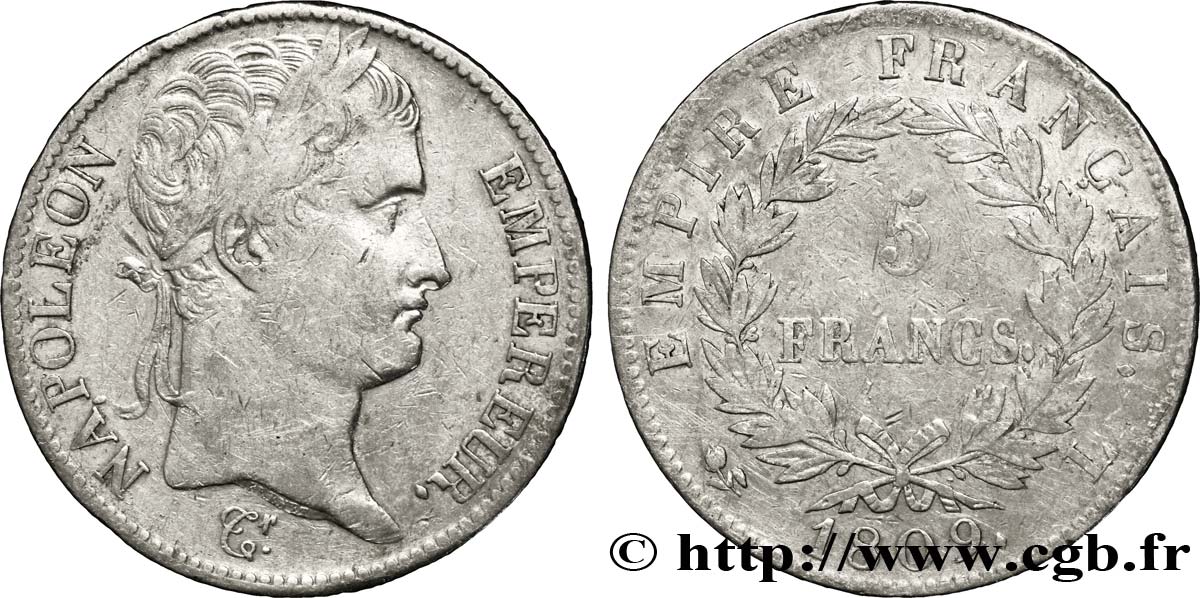 5 francs Napoléon Empereur, Empire français 1809 Bayonne F.307/8 TB30 