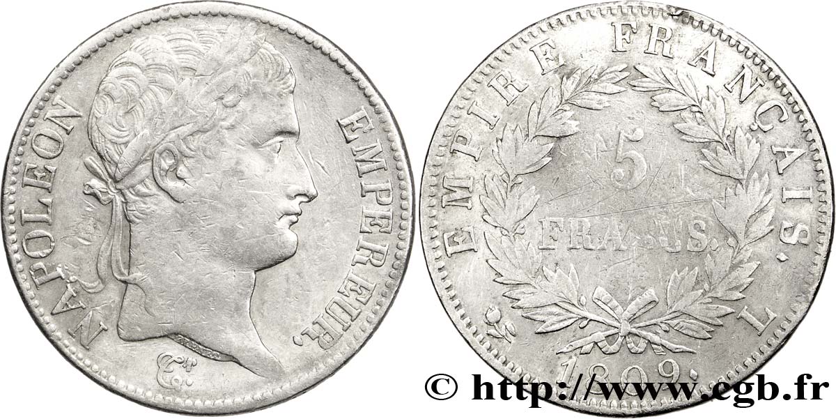 5 francs Napoléon Empereur, Empire français 1809 Bayonne F.307/8 MBC40 