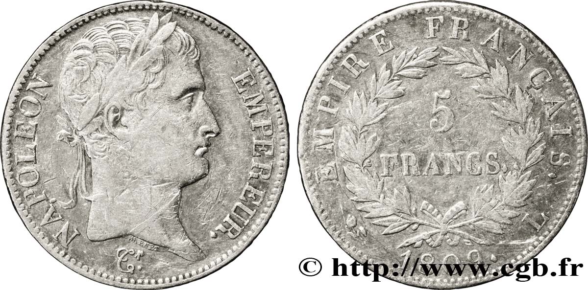 5 francs Napoléon Empereur, Empire français 1809 Bayonne F.307/8 XF40 