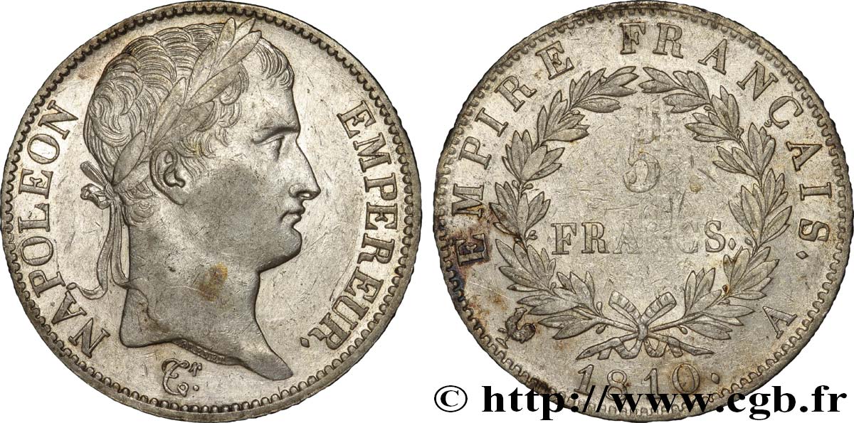 5 francs Napoléon Empereur, Empire français 1810 Paris F.307/14 MBC45 