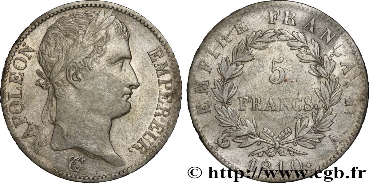 5 francs Napoléon Empereur, Empire français 1810 Paris F.307/14 XF40 