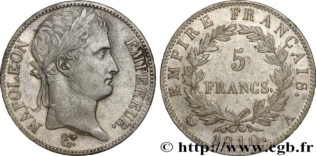 5 francs Napoléon Empereur, Empire français 1810 Paris F.307/14 XF45 