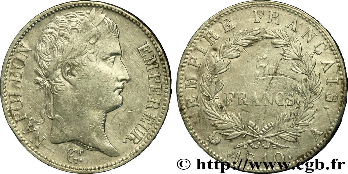 5 francs Napoléon Empereur, Empire français 1810 Paris F.307/14 XF45 