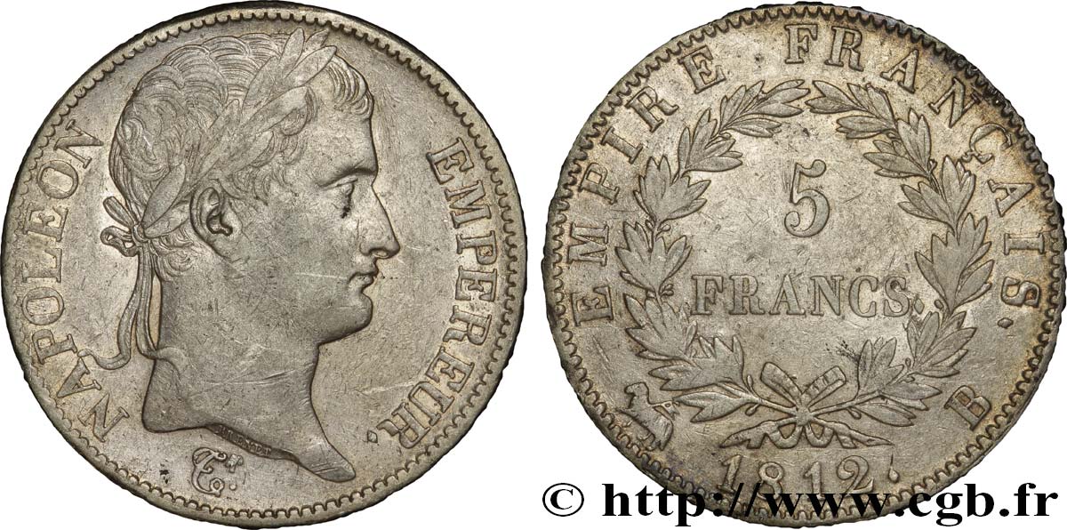 5 francs Napoléon Empereur, Empire français 1812 Rouen F.307/42 TB35 
