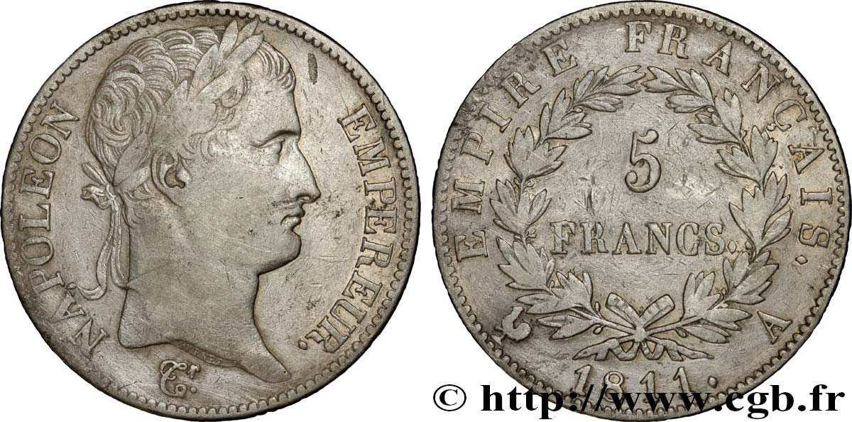 5 francs Napoléon Empereur, Empire français 1811 Paris F.307/27 TB35 