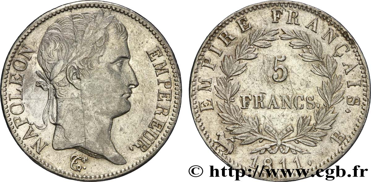 5 francs Napoléon Empereur, Empire français 1811 Rouen F.307/28 XF48 