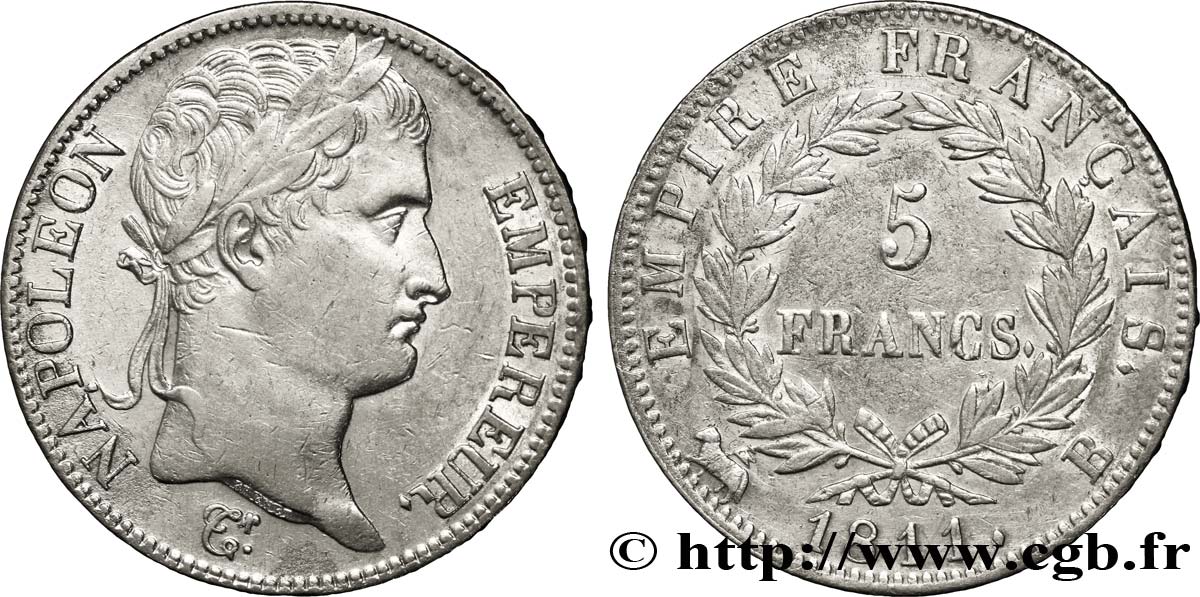 5 francs Napoléon Empereur, Empire français 1811 Rouen F.307/28 XF45 
