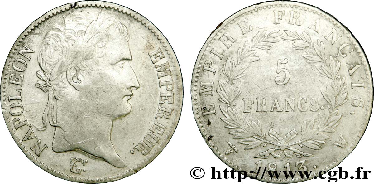 5 francs Napoléon Empereur, Empire français 1813 Lille F.307/75 XF40 