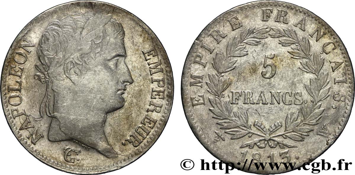 5 francs Napoléon Empereur, Empire français 1813 Lille F.307/75 XF40 