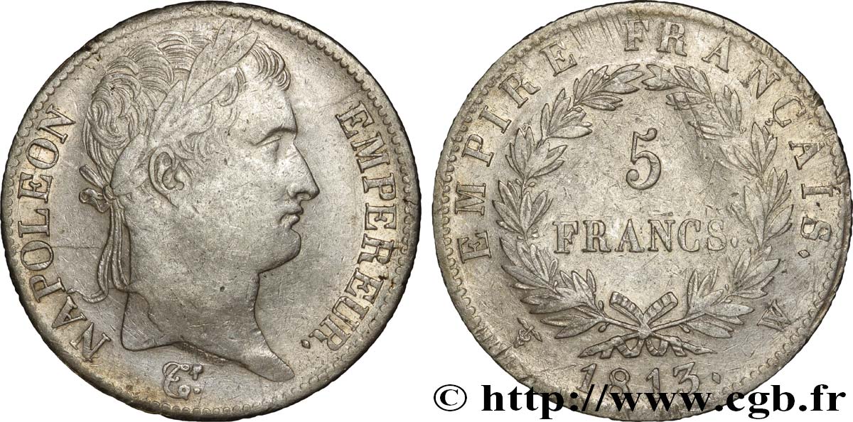 5 francs Napoléon Empereur, Empire français 1813 Lille F.307/75 TB35 