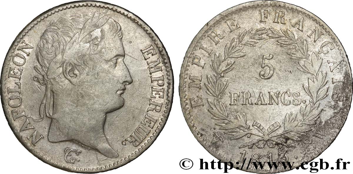 5 francs Napoléon Empereur, Empire français 1813 Lille F.307/75 TB35 