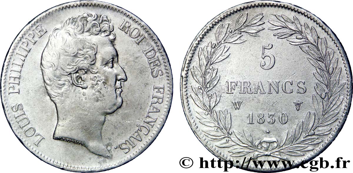5 francs type Tiolier sans le I, tranche en creux 1830 Lille F.313/4 TTB48 