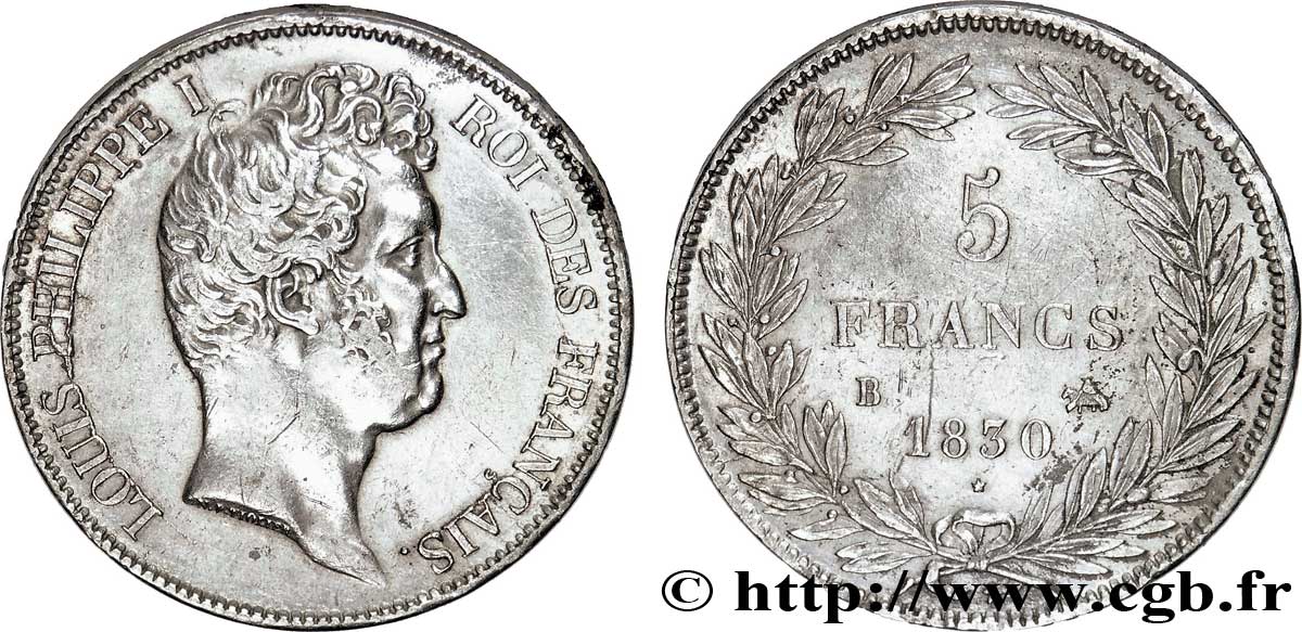5 francs type Tiolier avec le I, tranche en creux 1830 Rouen F.315/2 AU50 