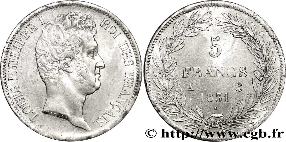 5 francs type Tiolier avec le I, tranche en creux 1831 Paris F.315/14 AU50 