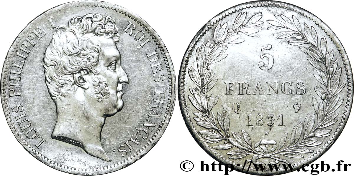 5 francs type Tiolier avec le I, tranche en creux 1831 Perpignan F.315/25 AU53 
