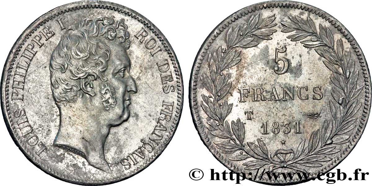 5 francs type Tiolier avec le I, tranche en creux 1831 Nantes F.315/26 AU50 